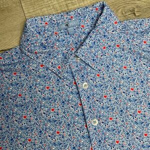 GenTeal Mens Performance Polo Shirt Large Blue Red Heart Nautical Golf Stretch